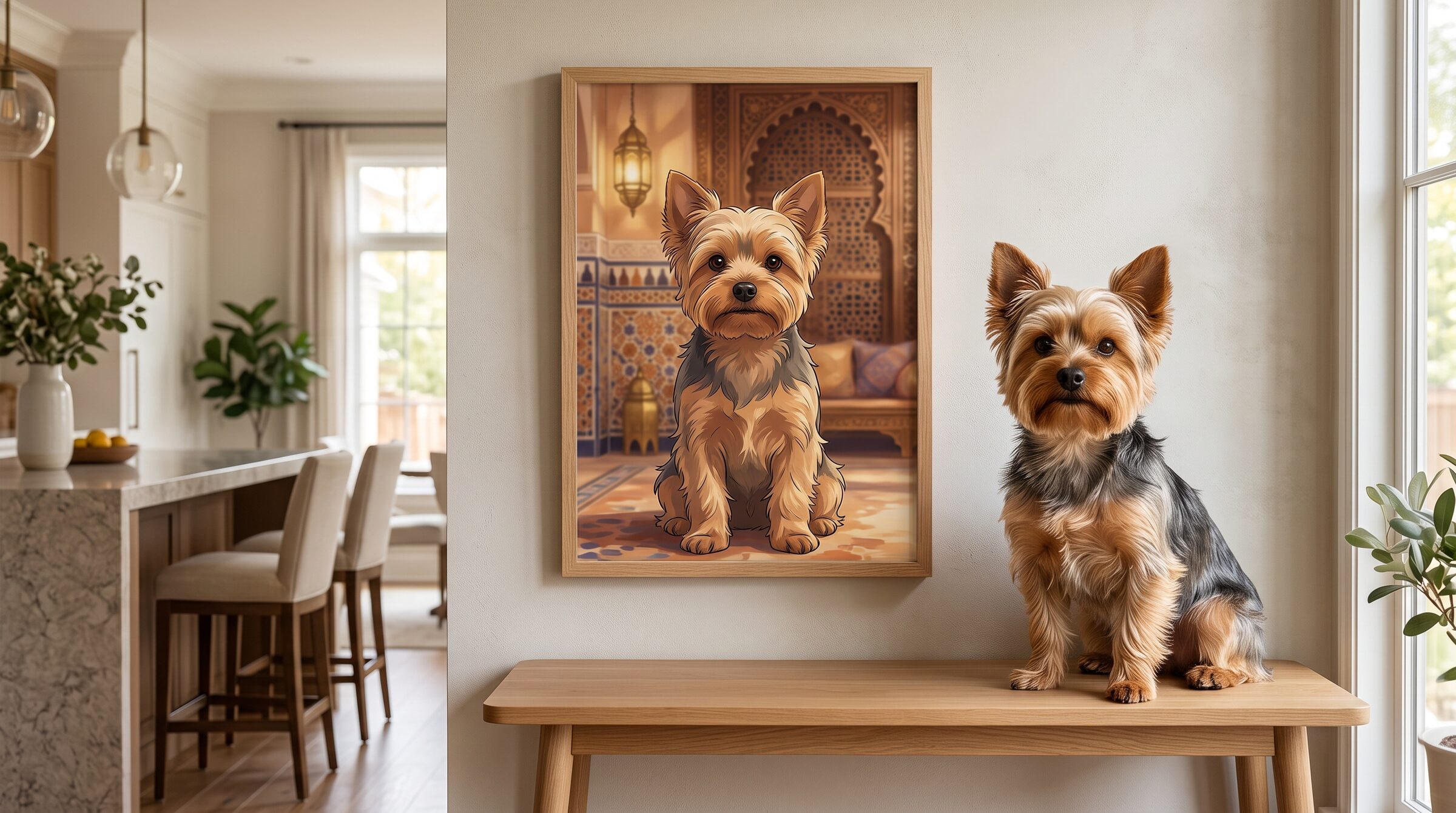 Chien dans un intérieur marocain premium avec son portrait Riad Doré encadré au mur